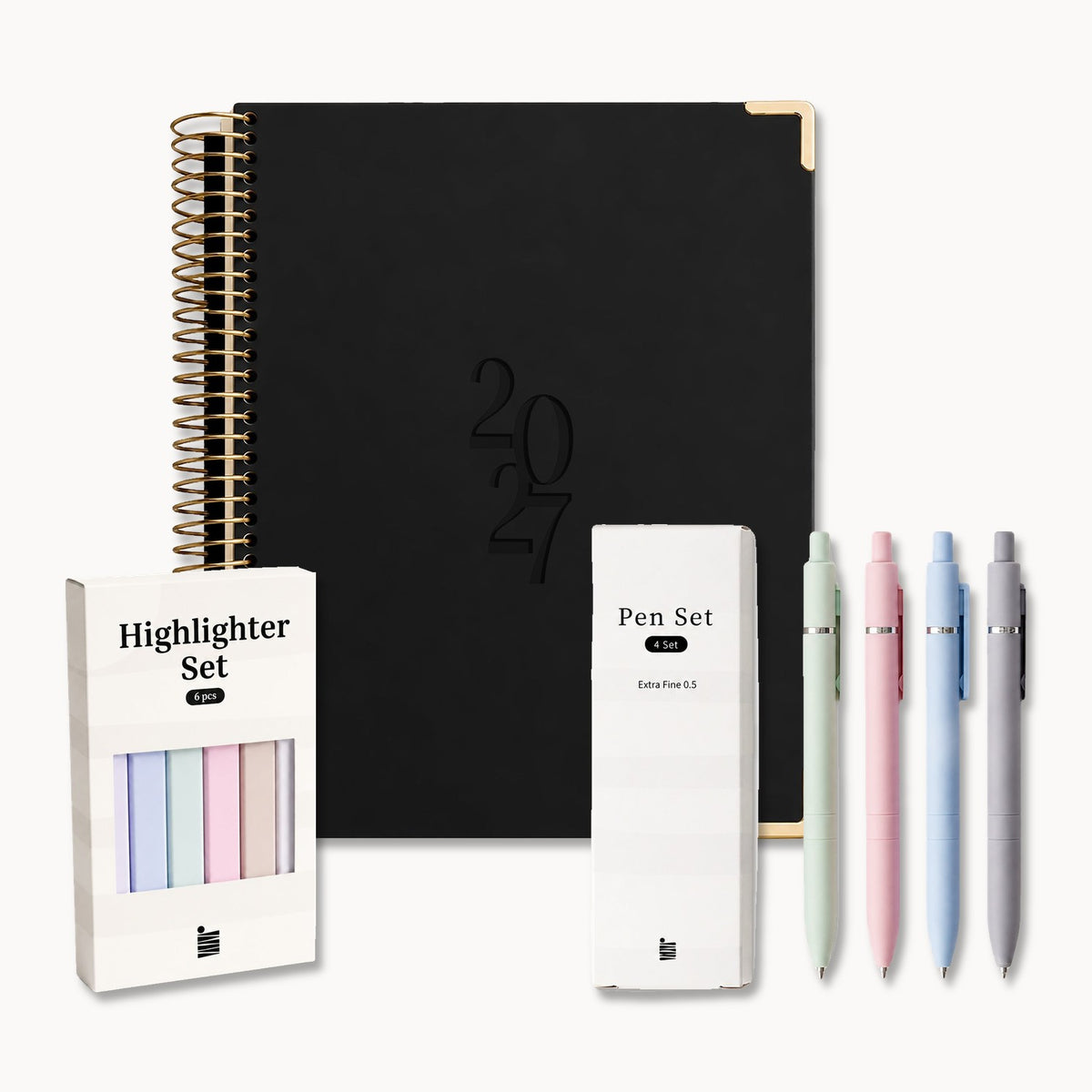 Ultimate 2027 Dated Weekly Planner Bundle by Eterna Goods: black 2027 dated weekly planner with the 6-piece Highlighter Set and 4-pen Extra Fine Ball Point Pen Set
