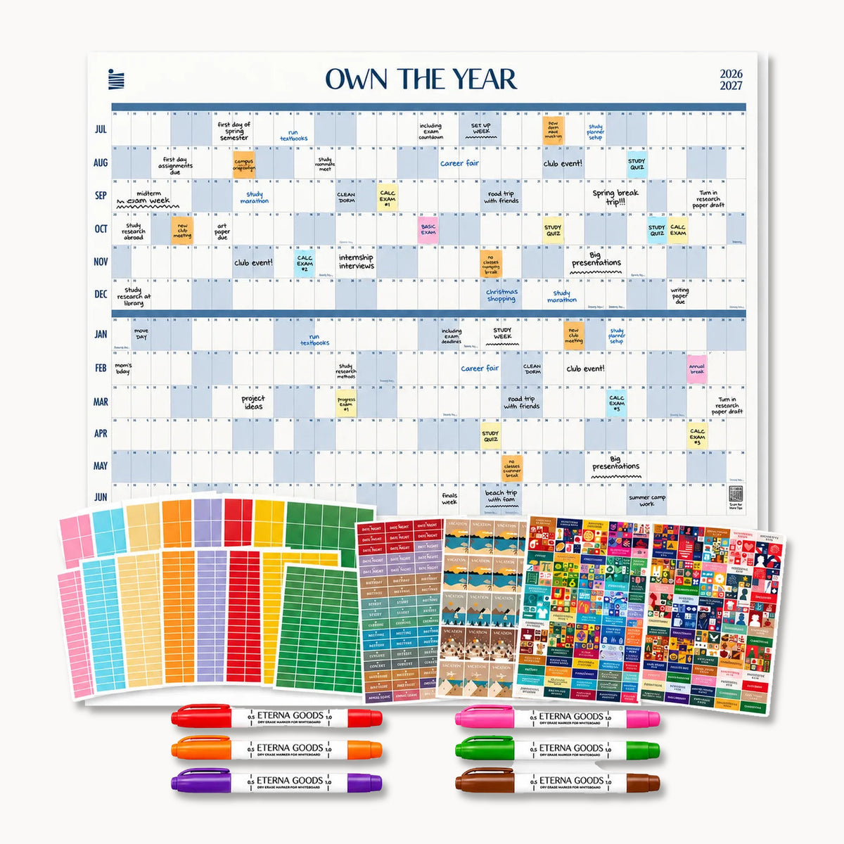 Ultimate 26/27 Academic Own The Year Calendar Bundle: academic wall calendar with stickers and markers